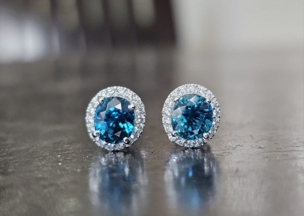 Blue Zircons and Diamonds Gold Earstuds