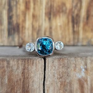 Blue Zircon and White Zircons Gold Ring