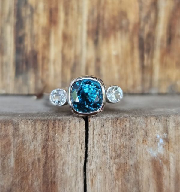 Blue Zircon and White Zircons Gold Ring